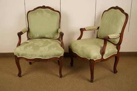 Pair Louis XV Style Upholstered Fateuil: Finely carved walnut frame