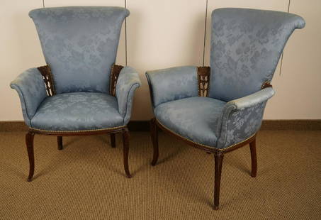 Pair Upholstered Carved Parlor Chairs: Late Victorian; carved decoration; nailhead trim