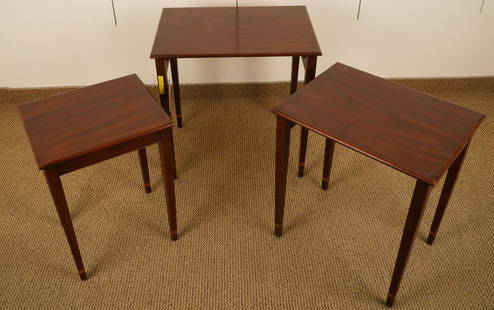 Henkel Harris Mahogany Inlaid Nesting Tables: Federal Style with tapered legs and banded feet