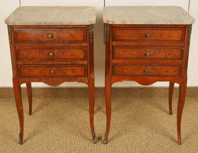 Pair French Transitional Inlaid Marble Top Side Ta: 3 Drawers