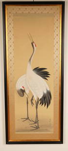 Japanese Painted Scroll: Signed lower right; depicting two cranes in a contemporary frame