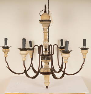 Six Light Wood and Iron Provincial Chandelier: 20thC; Carved wood shaft with traces of white chalk paint