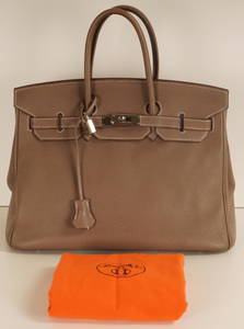 Hermes 35cm Etoupe Clemence Leather Birkin Bag