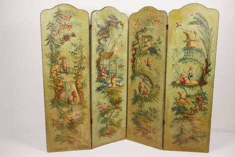 Venetian Chinoiserie 4 Panel Screen: Oil on canvas; nailhead trim; 2-way folding hinges; late 19th/early 20thC; each panel is 19.5". Property of Ambassador Stuart Bernstein