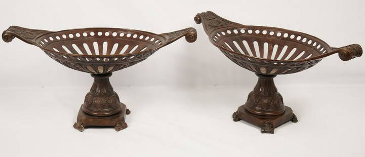 Pair Large Patinated Metal NeoClassical Tazzas: Reticulated compote design; high relief decoration raised on ananthus feet. Property of Ambassador Stuart Bernstein