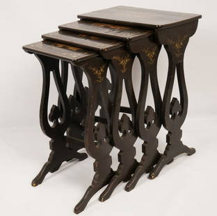 Georgian Chinoiserie Nesting Tables: 4 Tables each decorated with a Chinese village scene. Over lyre-form legs. Property of Ambassador Stuart Bernstein