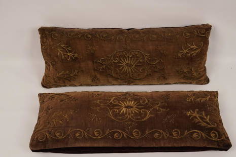 Pair Metal Thred Embroidered and Velvet Pillows: Likely reworked from a French liturgical textile; velvet backing is contemporary. Property of Ambassador Stuart Bernstein