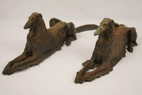 Pair Patinated Bronze Borzoi Hounds: Mirrored pair of recumbent Borzoi Hounds