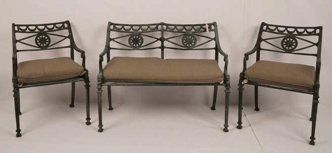 3 Piece Regency Style Patio Set: Bench and two chairs; patinated metal with later upholstered cushions. Property of Ambassador Stuart Bernstein.