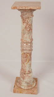 Carved Pink and Gray Marble Column: Columnar column, square top and base