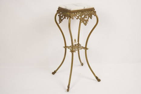 Victorian Marble Top Brass Table: Rococco form, white marble top and stretcher finial