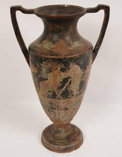 Greek Terracotta Urn: Classical form, painted with a frieze; 20thC