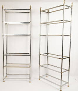 Pair Chrome Brass Mounted Etageres: Mid-Century 6 shelves with inset glass