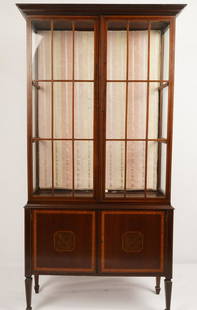 Federal Style Mahogany Display Cabinet: 2 Glazed doors fitted to an opening with 2 glass shelves; above 2 cabinet doors