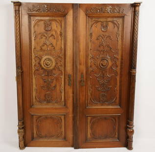 Pair Renaissance Style Carved Wood Panels: Formerly armoire doors; applied and carved decoration; measurement is for each panel