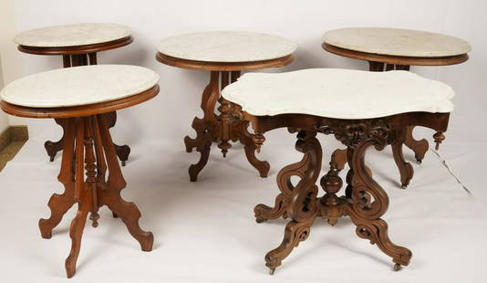 Lot of 5 Marble Top Victorian Tables: Mostly walnut; 4 are oval and 1 is a turtle top; white marble