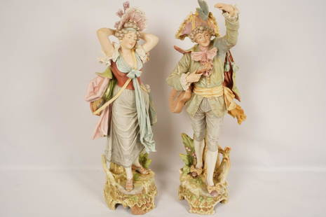 Pair German or Austrian Porcelain Figures: Depicting a male and female in romantic dress