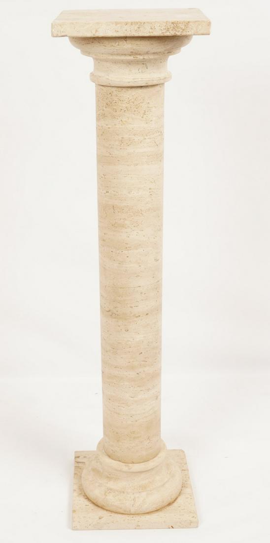 Carved Travertine Marble Column: Columnar form with square base and top in three pieces