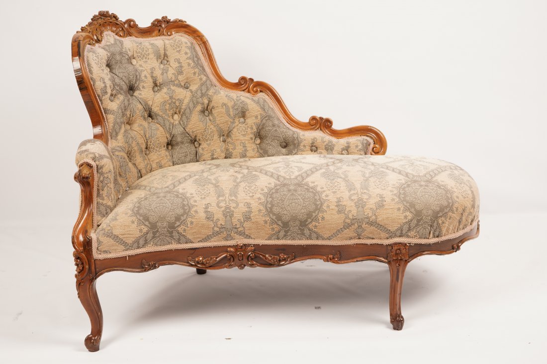 Victorian Dimuitive Fainting Couch: Carved walnut frame; tufted back with later upholstery