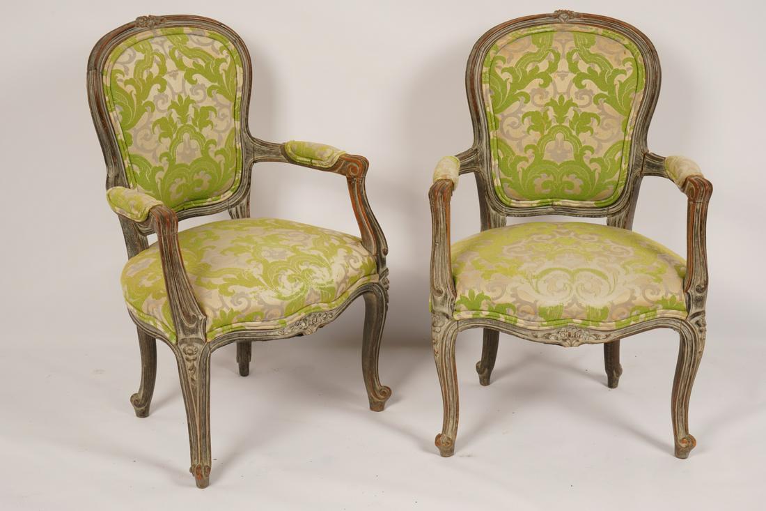 Pair Louis XV Style Child's Fateuil: Of typical form; gray painted carved frame