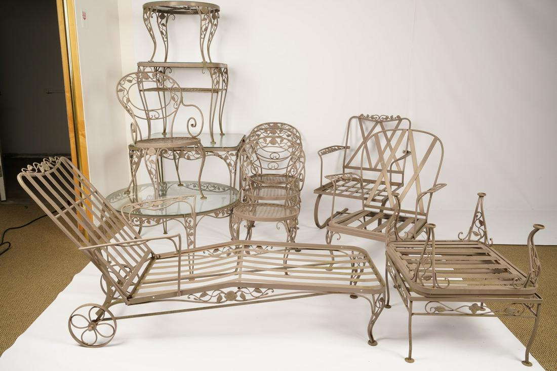 13 Piece Painted Metal Patio Set: Woodard style consisting of dining table, 4 chairs, 1 club chair/ottoman, 1 bounce chair/ottoman, 1 chaise lounge, and 3 side tables