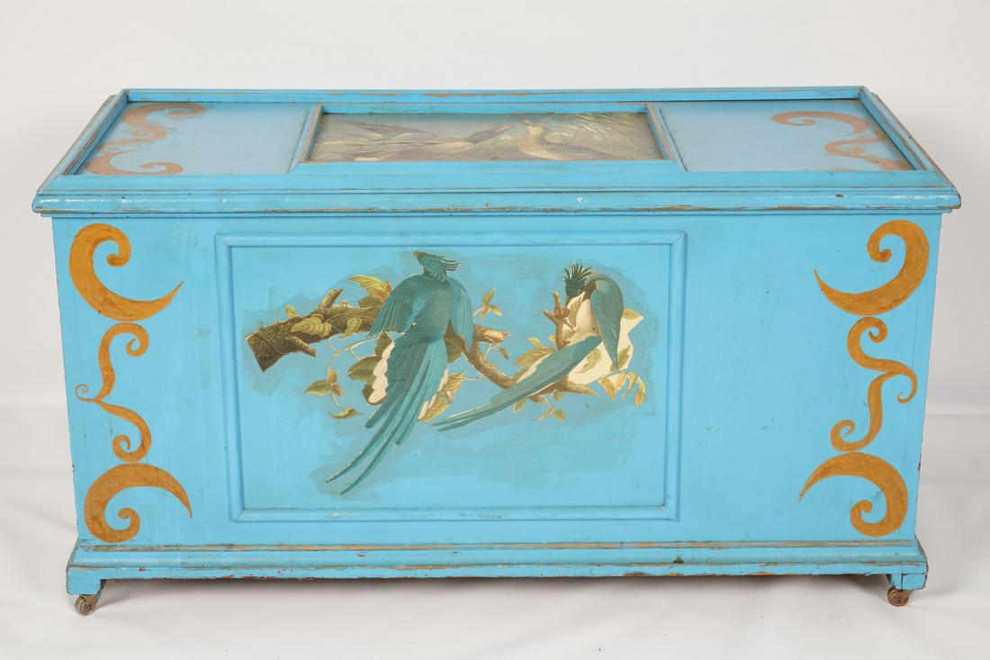 Paint and Decoupage Blanket Chest: Blanket chest decorated with decoupage cutouts and flowers; 20thC. Interior is lined with a blue onion motif upholstery