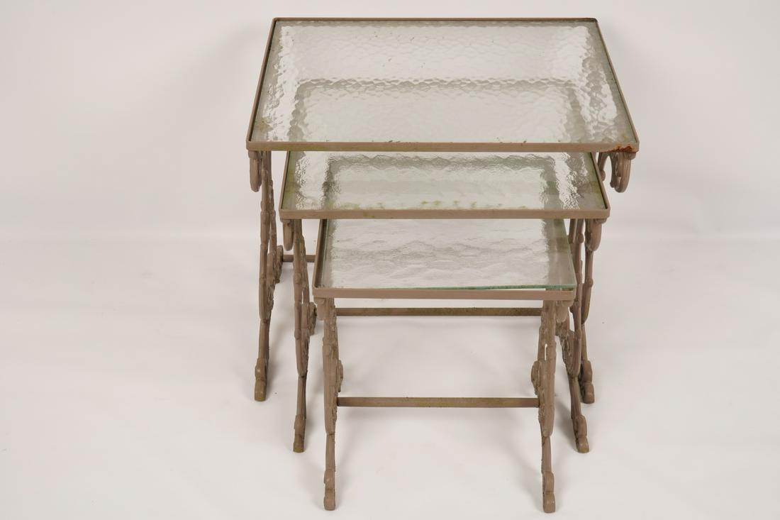 3 Piece Painted Metal Patio Nesting Tables: Victorian style with glass top