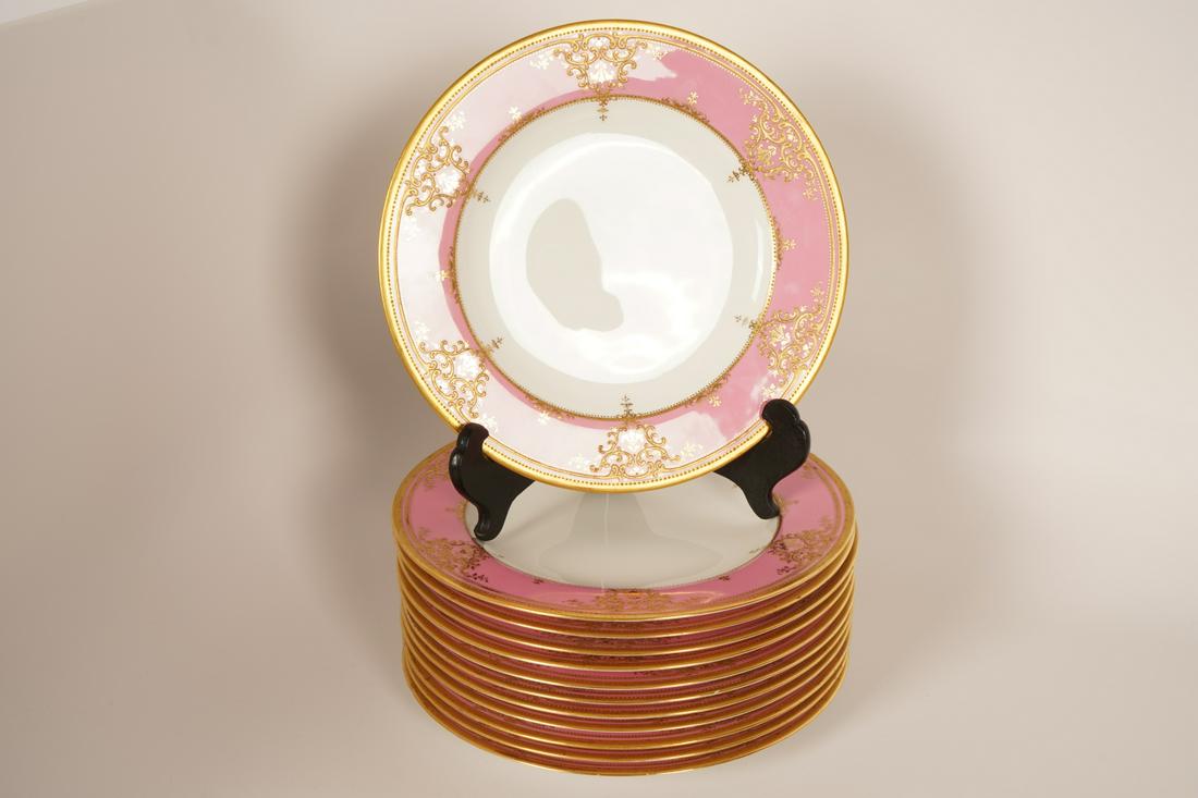 12 Spode Copeland's Dinner Plates: Pink border with gold encrusted accents