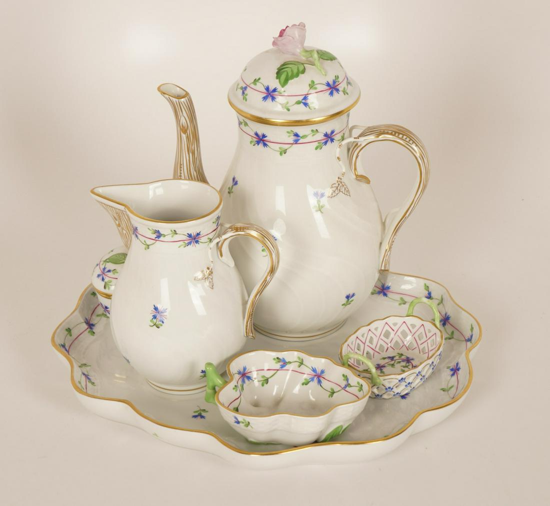 Herend Blue Garland Tea Service: 6 Piece Service consisting of a coffee cup, creamer, covered heart dish, reticulated basket, leaf form dish and undertray