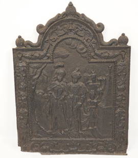 Cast Iron Fireback 19thC: Depicting 2 figures in a landscape entitled "Asia"