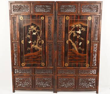 Pair Japanese Meiji Gilt Panels: Pierced and carved frames centering decorative panels of birds in a landscape; originally mounted as a floor screen; measurement is for each panel