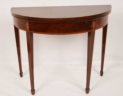 American Federal Inlaid Card Table: Typical Form supported by double rear hinged legs; banded satin wood inlay; tapering legs, spayed feet; possibly Baltimore