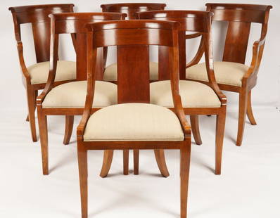 6 Empire Style Baker Dining Chairs: Gondola shaped back; includes 2 arm chairs; slip seat upholstery; saber legs