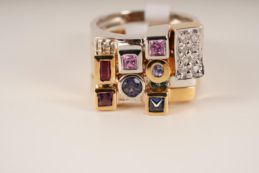 14K Gold Diamond Gemstone Puzzle Ring (1 of 5)