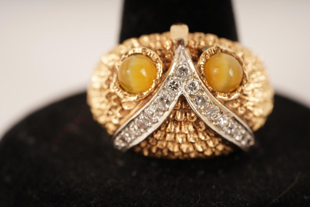 14K Gold Diamond Tiger Eye Owl Ring (1 of 6)