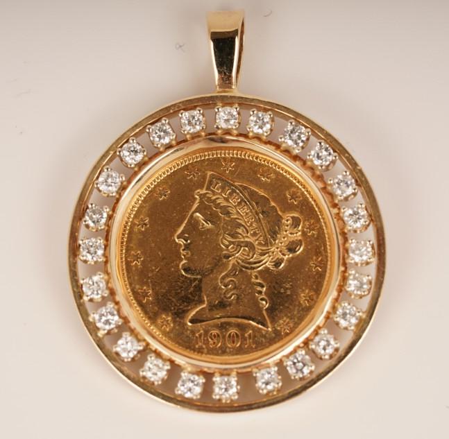 1901 $5 American Gold Coin Diamond Bezel (1 of 3)