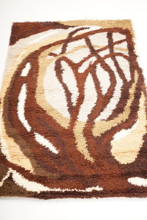 Danish MidCentury Ege Vanguard Wool Rya Rug: Purchased new by an esteemed Boston retailer in the 1970's; stored securely since then. Never walked on, no fading, or wear of any kind. 100% wool rya; thick pile carpet