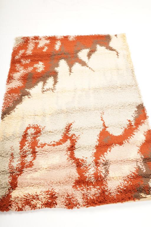 Danish MidCentury Ege Vanguard Wool Rya Rug: Purchased new by an esteemed Boston retailer in the 1970's; stored securely since then. Never walked on, no fading, or wear of any kind. 100% wool rya; thick pile carpet