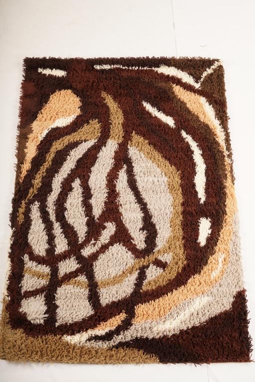 Danish MidCentury Ege Vanguard Wool Rya Rug: Purchased new by an esteemed Boston retailer in the 1970's; stored securely since then. Never walked on, no fading, or wear of any kind. 100% wool rya; thick pile carpet