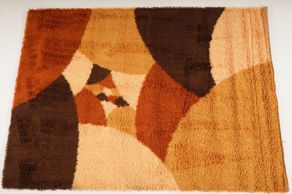Belgian Gipsy Tapisift Acrylique MidCentury Rug: Purchased new by an esteemed Boston retailer in the 1970's; stored securely since then. Never walked on, no fading, or wear of any kind. 100% acrylique rya; thick pile carpet
