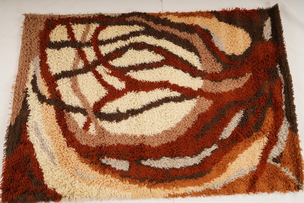 Danish MidCentury Ege Vanguard Wool Rya Rug: Purchased new by an esteemed Boston retailer in the 1970's; stored securely since then. Never walked on, no fading, or wear of any kind. 100% wool rya; thick pile carpet