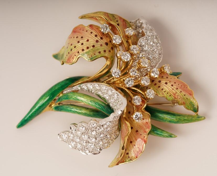 18K Gold Diamond Enamel Orchid Brooch 796AI (1 of 8)