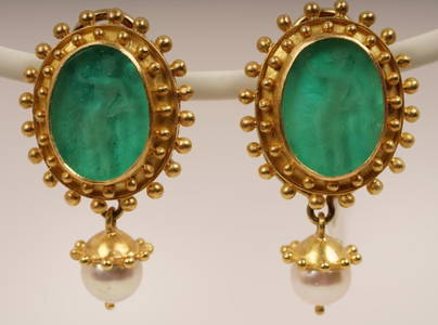 ELIZABETH LOCKE 18K Gold Glass Intaglio Pearl Earrings