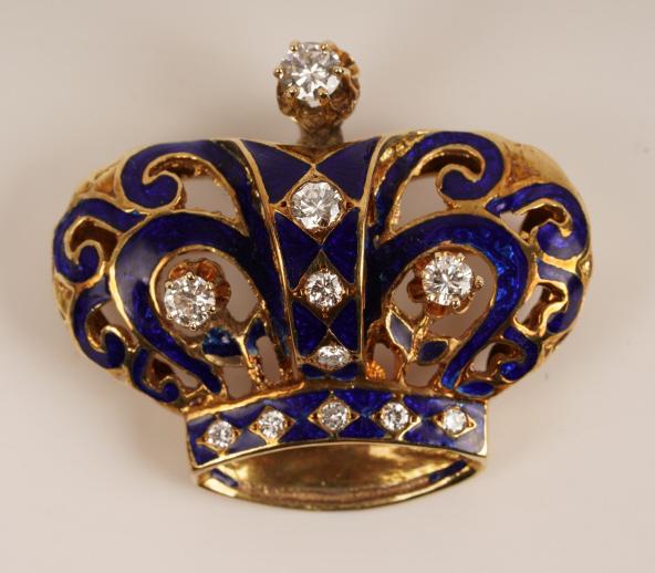 14K Gold Diamond Enamel Crown Brooch (1 of 5)