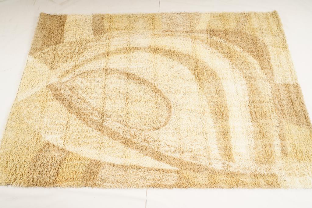 Danish MidCentury Ege Polar Wool Rya Rug: Purchased new by an esteemed Boston retailer in the 1970's; stored securely since then. Never walked on, no fading, or wear of any kind. 100% wool rya; thick pile carpet