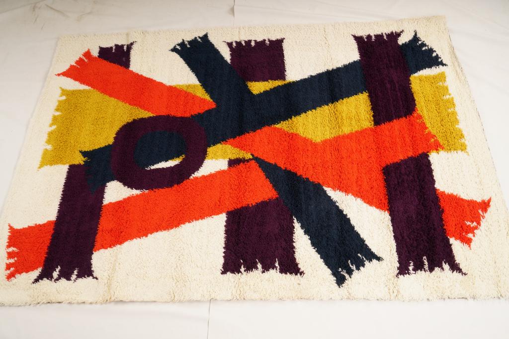 Danish Ege Boutique MidCentury Wool Rya Rug: Purchased new by an esteemed Boston retailer in the 1970's; stored securely since then. Never walked on, no fading, or wear of any kind. 100% wool rya; thick pile carpet