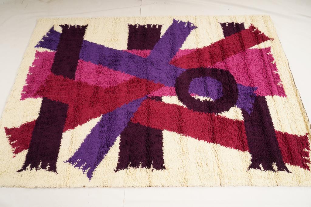 Danish Ege Boutique MidCentury Wool Rya Rug: Purchased new by an esteemed Boston retailer in the 1970's; stored securely since then. Never walked on, no fading, or wear of any kind. 100% wool rya; thick pile carpet
