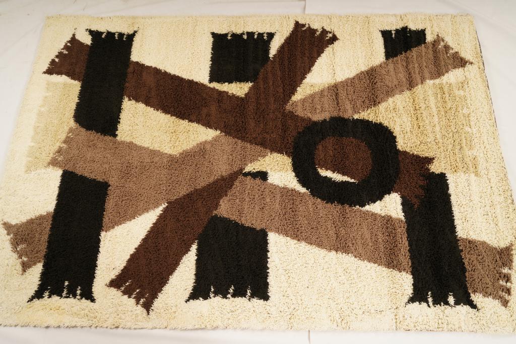 Danish MidCentury Ege Boutique Wool Rya Rug: Purchased new by an esteemed Boston retailer in the 1970's; stored securely since then. Never walked on, no fading, or wear of any kind. 100% wool rya; thick pile carpet