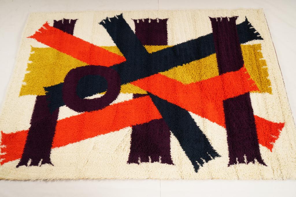 Danish MidCentury Ege Boutique Wool Rya Rug: Purchased new by an esteemed Boston retailer in the 1970's; stored securely since then. Never walked on, no fading, or wear of any kind. 100% wool rya; thick pile carpet