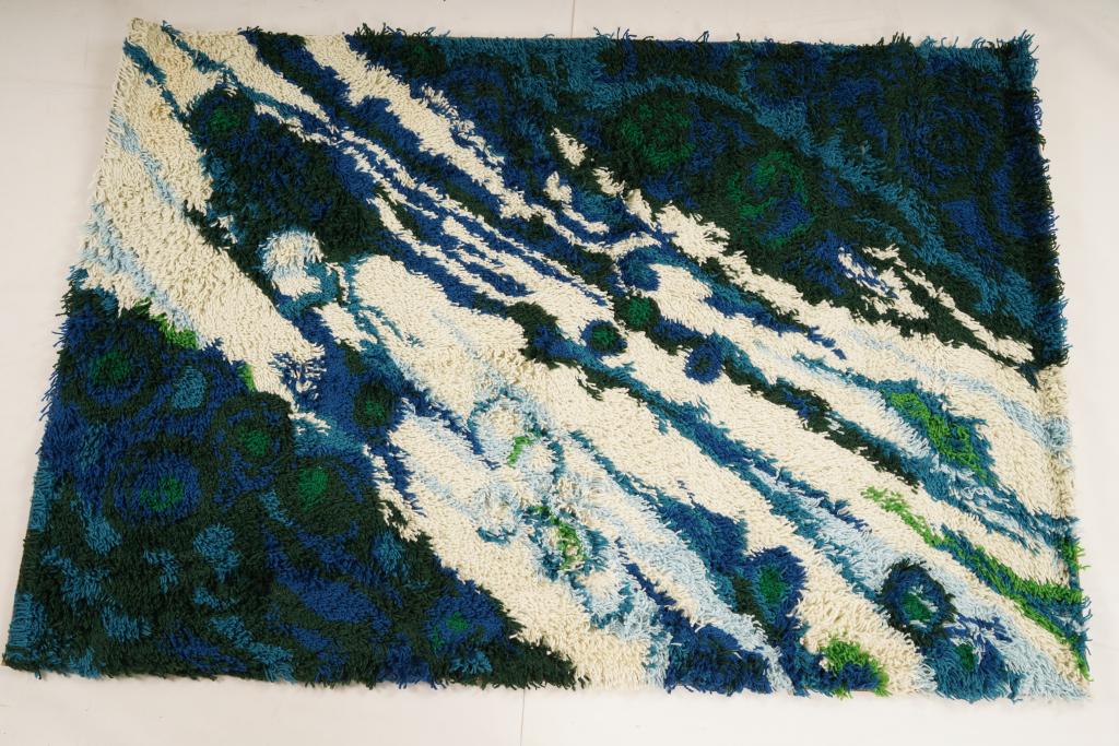Danish Ege Vanguard MidCentury Wool Rya Rug: Purchased new by an esteemed Boston retailer in the 1970's; stored securely since then. Never walked on, no fading, or wear of any kind. 100% wool rya; thick pile carpet